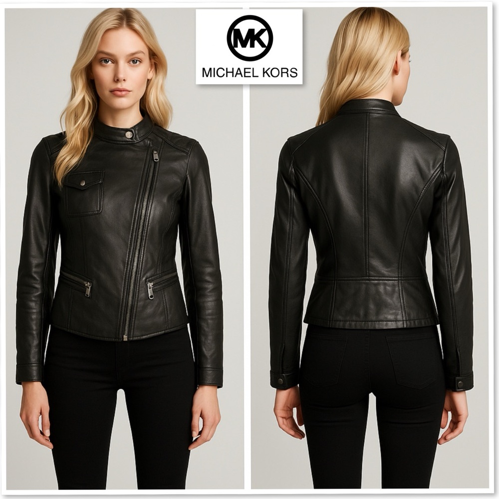 Michael Kors Black Genuine Leather Moto Biker Jacket XS Y2K Edgy Fitted